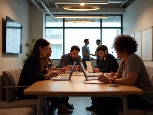 Collaborative workspace at Studio Brillante with team members interacting